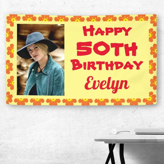 50誕生日オレンジ花写真 横断幕