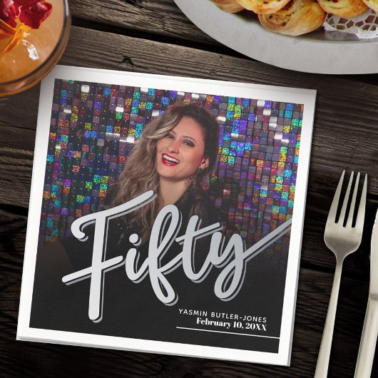 50誕生日カスタムフォトスクリプトシルバー スタンダードカクテルナプキン