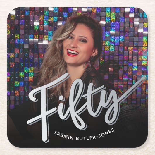 50誕生日カスタム写真銀色 スクエアペーパーコースター (正面)