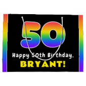 50誕生日カラフル:レインボー# 50、名前をカスタムする ラージペーパーバッグ (裏面)