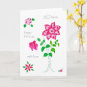 50誕生日カード – ピンク色の花 カード (黄色い花)