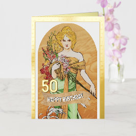 50誕生日カード、春女神、ヴィンテージアート 箔グリーティングカード