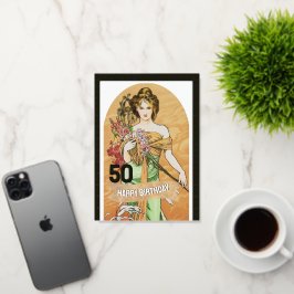 50誕生日カード、春女神、ヴィンテージアート 箔グリーティングカード