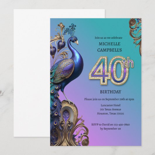 50誕生日クジャク 招待状 (正面/裏面)