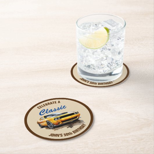 50誕生日クラシックイエローマッスルカー ラウンドペーパーコースター (インサイチュ)