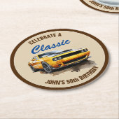50誕生日クラシックイエローマッスルカー ラウンドペーパーコースター (アングル)