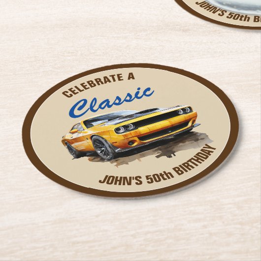 50誕生日クラシックイエローマッスルカー ラウンドペーパーコースター (アングル)