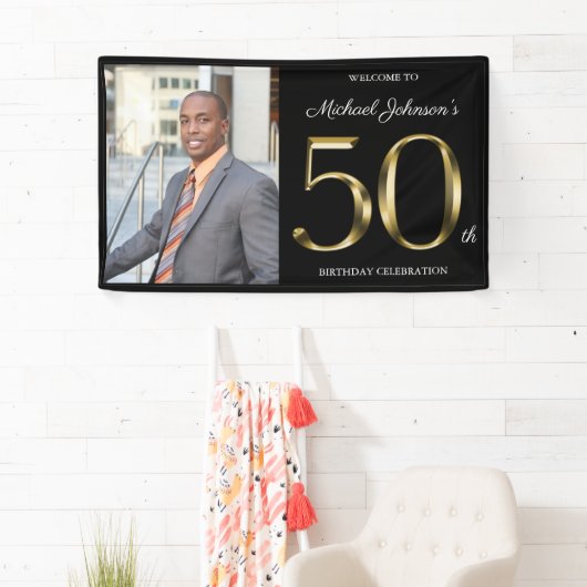 50誕生日クラスブラック無地の金ゴールドカスタム写真 横断幕 (インサイチュ)
