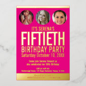 50誕生日グラフィックピンクの金ゴールドフォイルの写真サークル 箔招待状 (正面)