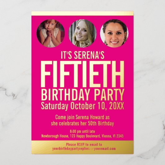 50誕生日グラフィックピンクの金ゴールドフォイルの写真サークル 箔招待状 (正面)