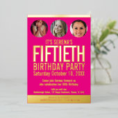 50誕生日グラフィックピンクの金ゴールドフォイルの写真サークル 箔招待状 (立ち正面)