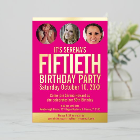 50誕生日グラフィックピンクの金ゴールドフォイルの写真サークル 箔招待状 (立ち正面)