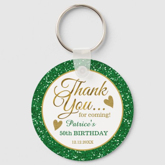 50誕生日グリーングリッターと金ゴールドありがとう キーホルダー (正面)