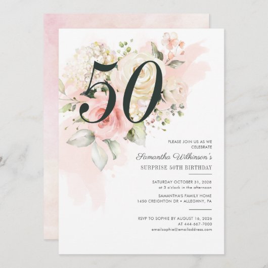 50誕生日サプライズパーティーフローラ 招待状 (正面/裏面)