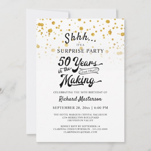50誕生日サプライズパーティーレトロ金ゴールド紙吹雪 招待状 (正面)