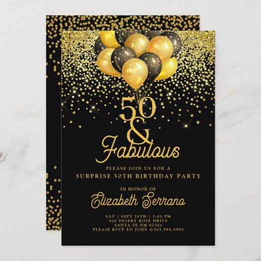 50誕生日サプライズパーティー金ゴールドブラックグリッターイン 招待状 (正面/裏面)