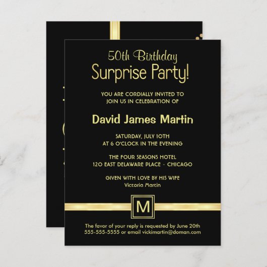 50誕生日サプライズパーティー – サンプル招待状 インビテーションポストカード (正面/裏面)