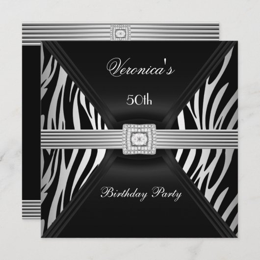 50誕生日シルバーブラックゼブラダイヤモンドジュエル 招待状 (正面/裏面)
