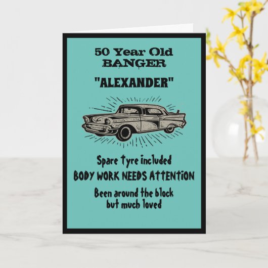 50誕生日ジョークヴィンテージカーを取得おもしろい カード (黄色い花)