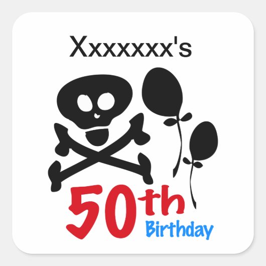 50誕生日スカルクロスボーン スクエアシール (正面)