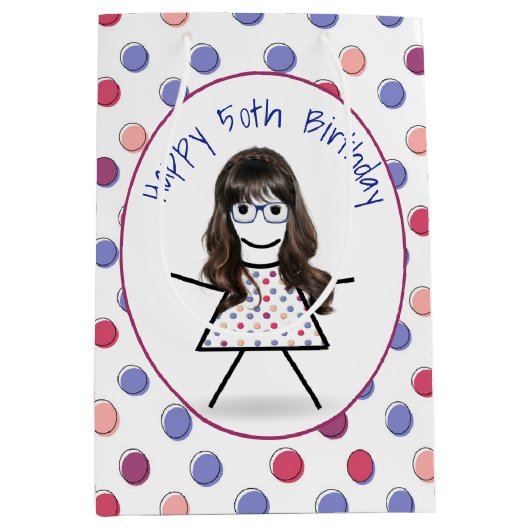 50誕生日スティックガールオン水玉模様 ミディアムペーパーバッグ (正面)