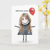 50誕生日スティックフィギュア赤気球 カード (黄色い花)