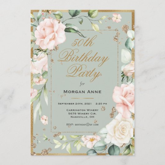 50誕生日セージ緑金ゴールド水彩フローラ 招待状 (正面)