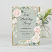 50誕生日セージ緑金ゴールド水彩フローラ 招待状 (スタンド正面)