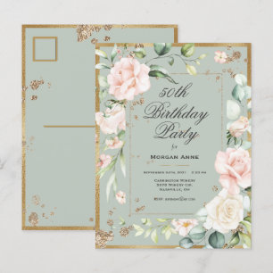 50誕生日セージ緑金ゴールド水彩 インビテーションポストカード