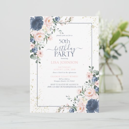 50誕生日ダスティブルー赤面ピンク金ゴールドフローラ 招待状 (スタンド正面)