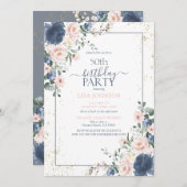 50誕生日ダスティブルー赤面ピンク金ゴールドフローラ 招待状 (正面/裏面)