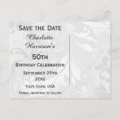 50誕生日ダマスクフェイクと弓の日付を保存 案内ポストカード (裏面)