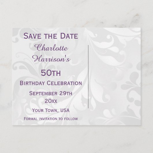 50誕生日ダマスクフェイクと弓の日付を保存 案内ポストカード (裏面)