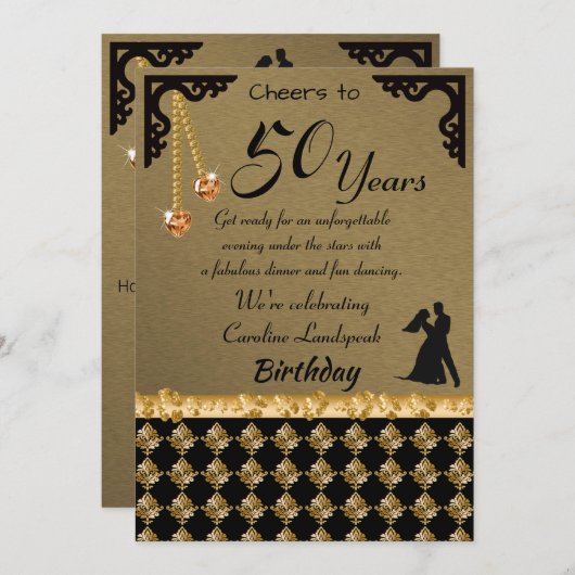 50誕生日ダンスパーティーオレンジハートジェムダマスク 招待状 (正面/裏面)