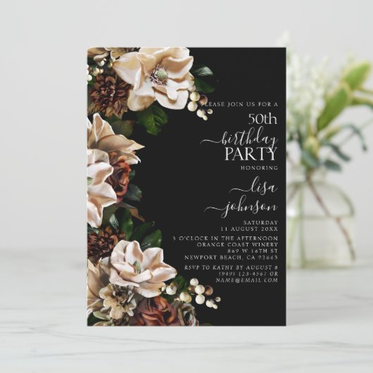 50誕生日ダークムーディニュートラルマグノリアフローラ 招待状 (スタンド正面)