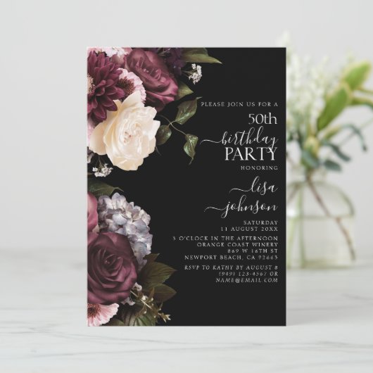 50誕生日ダークモダンムーディブルゴーニュフローラ 招待状 (スタンド正面)