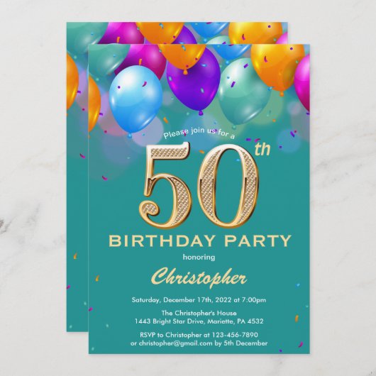 50誕生日ティール（緑がかった色）と金ゴールドカラフル気球 招待状 (正面/裏面)