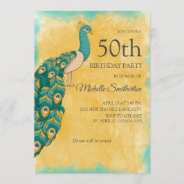 50誕生日ティール（緑がかった色）イエローウォーターカラーピーコック 招待状
