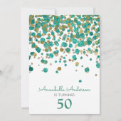 50誕生日ティール(緑がかった色)金ゴールドグリッタースパークル紙吹雪 招待状 (裏面)