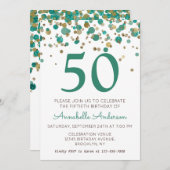 50誕生日ティール(緑がかった色)金ゴールドグリッタースパークル紙吹雪 招待状 (正面/裏面)