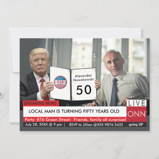 50誕生日トランプ🎙️メンズおもしろいテレビニュースGag 招待状 (正面)