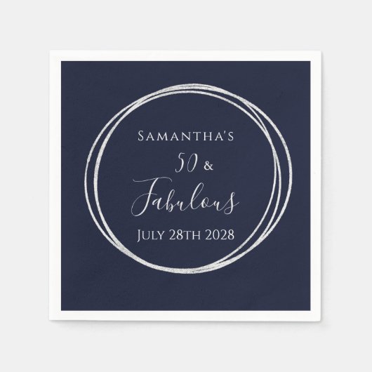 50誕生日ネイビーシルバー50と素晴らしいパーティー スタンダードカクテルナプキン (正面)