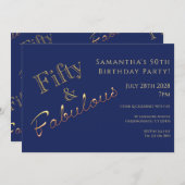 50誕生日ネイビーブルー金ゴールドパーティの招待状 招待状 (正面/裏面)