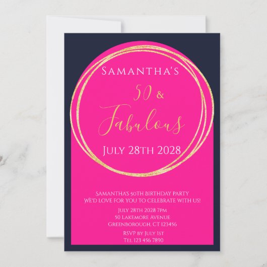 50誕生日ネイビーホットピンク誕生日 招待状 (正面)