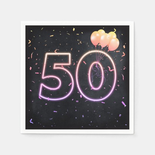 50誕生日ネオンサインオンブラックナプキンス スタンダードカクテルナプキン (正面)