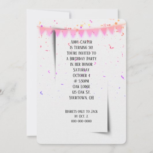 50誕生日ネオンサインオンブラック招待状 招待状 (裏面)