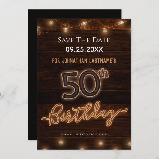 50誕生日ネオン日付の保存招待状 招待状 (正面/裏面)