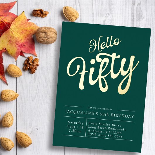 50誕生日ハローフィフティグリーン金ゴールド 箔招待状