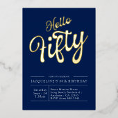 50誕生日ハローフィフティネイビーブルー金ゴールド 箔招待状 (正面)