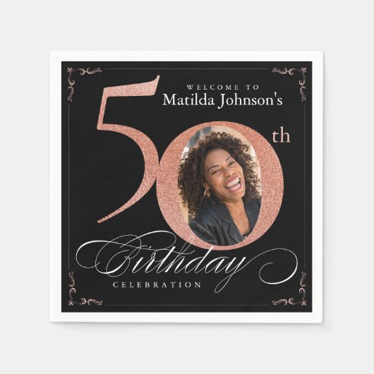 50誕生日バラ金ゴールドグリッターブラックフォト スタンダードカクテルナプキン (正面)
